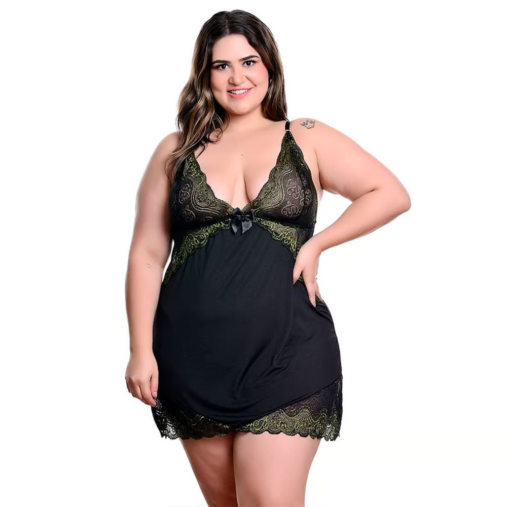 Camisola Plus Size Em Tule E Detalhes Rendados Bicolor Hot Love