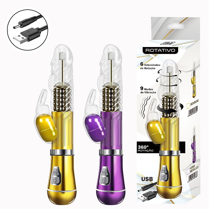 Vibrador Rotativo de Coelho - Cromado - Recarregável - Dourado - SI