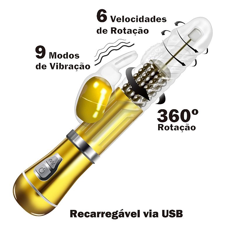 Vibrador Rotativo de Coelho - Cromado - Recarregável - Dourado - SI