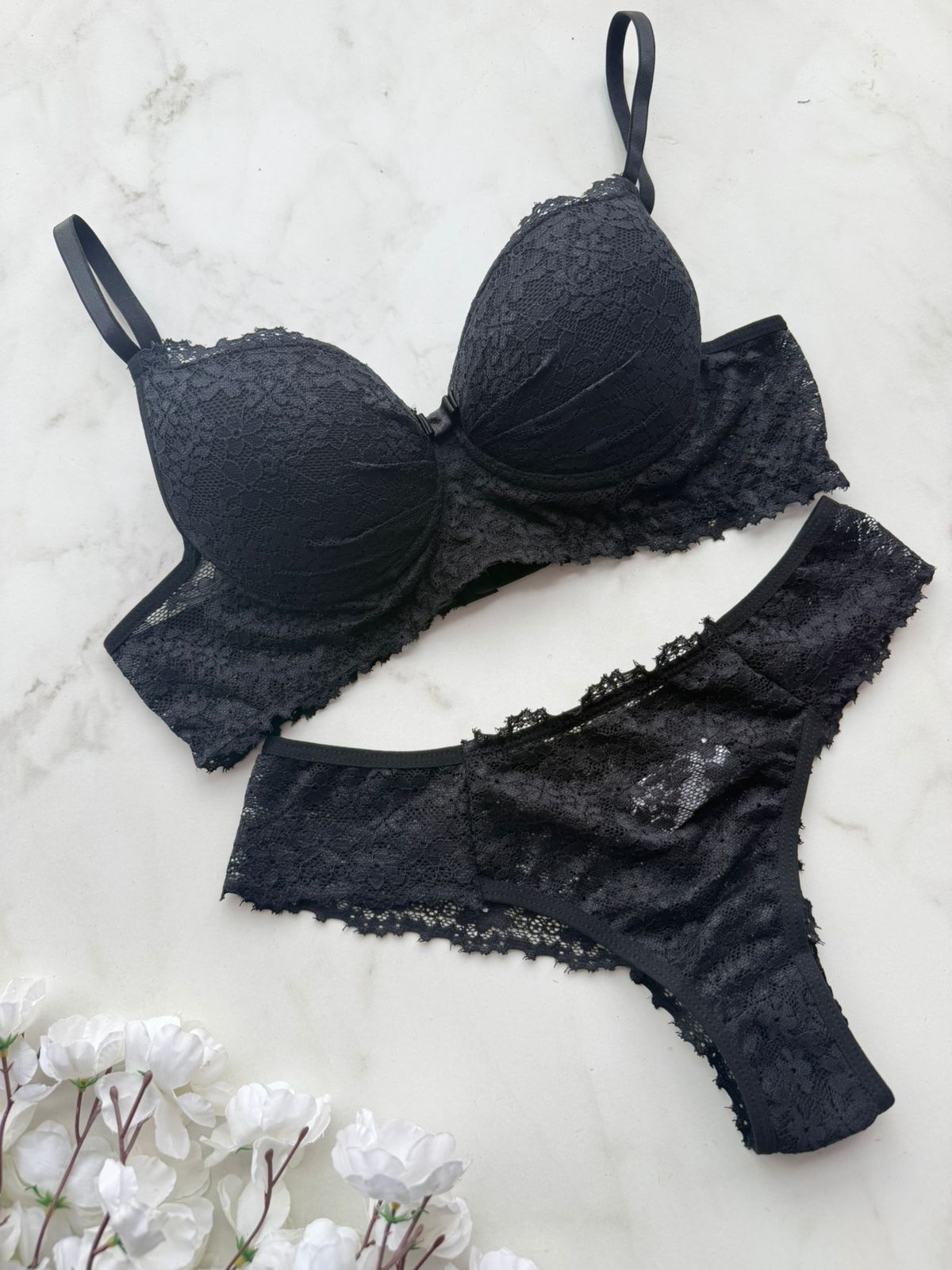 Conjunto Rendado com Bojo Milena – Preto – Tamanhos P, M, M, G e GG