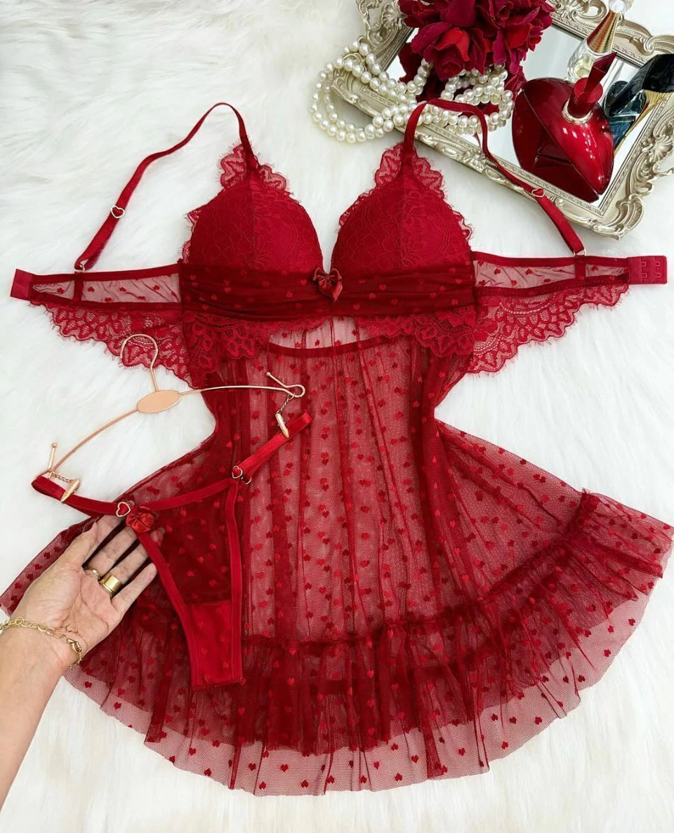 Camisola em Tule Coração com Bojo - Vermelho